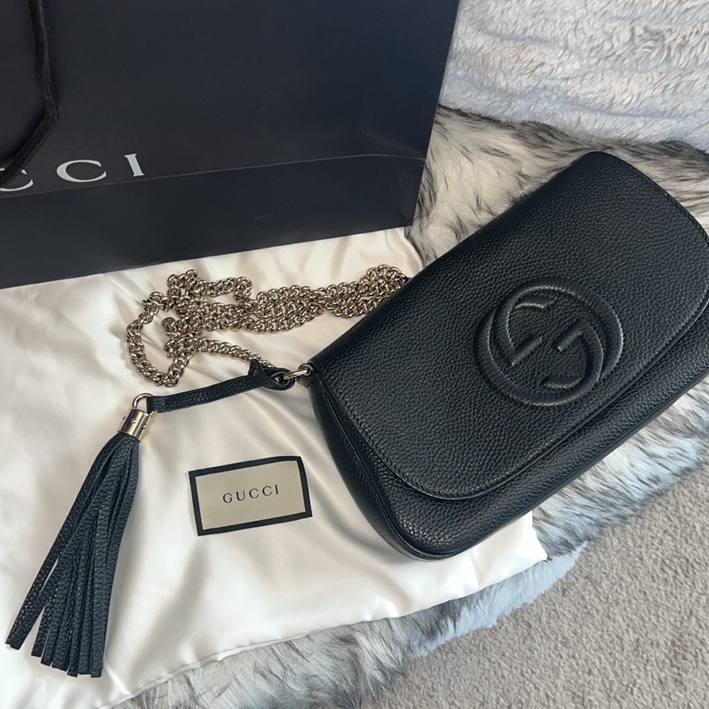 Gucci Soho Interlocking GG Black Leather Gold Chain Flap Shoulder Bag Purse - Picture 6 of 17